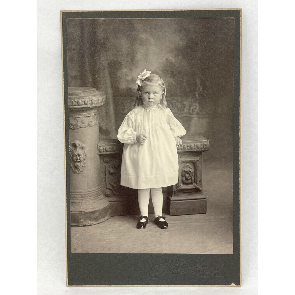 1800s FW Sander Victorian Little Girl White Hair Bow Column Vintage Photograph‎